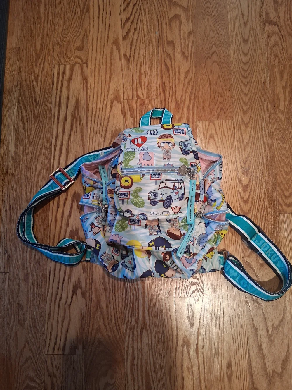Colorful Harajuku Lovers Backpack with Teal Straps